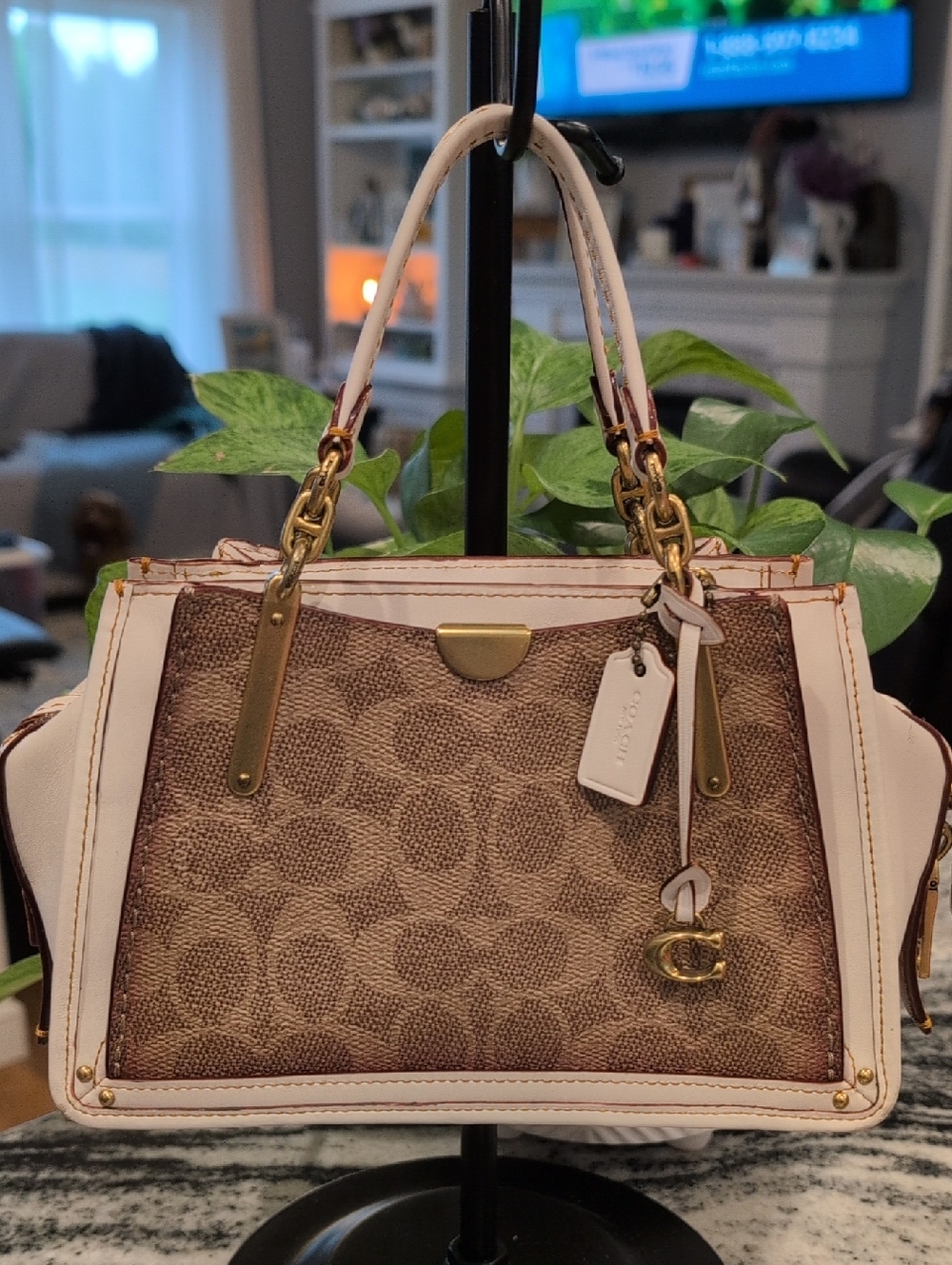 Coach Brown Signature Satchel with Cream Trim and Gold Hardware